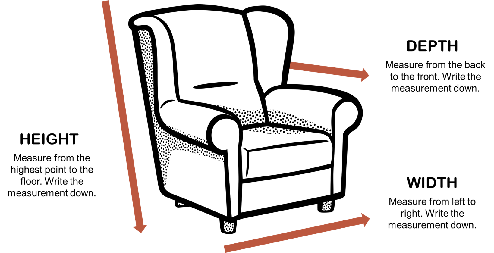 Highback chair vector with measuring guides and how to text.