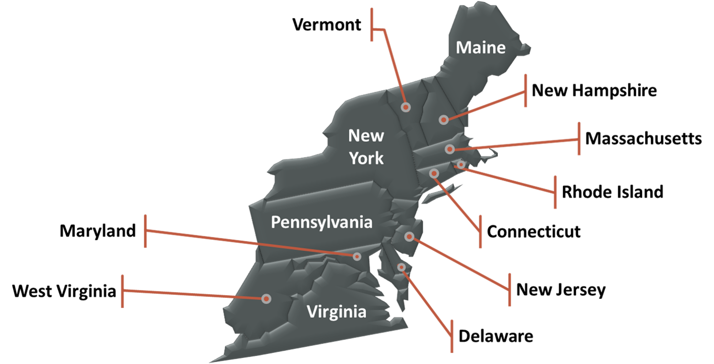 Area map of service area from Maine to Virginia and west to West Virginia